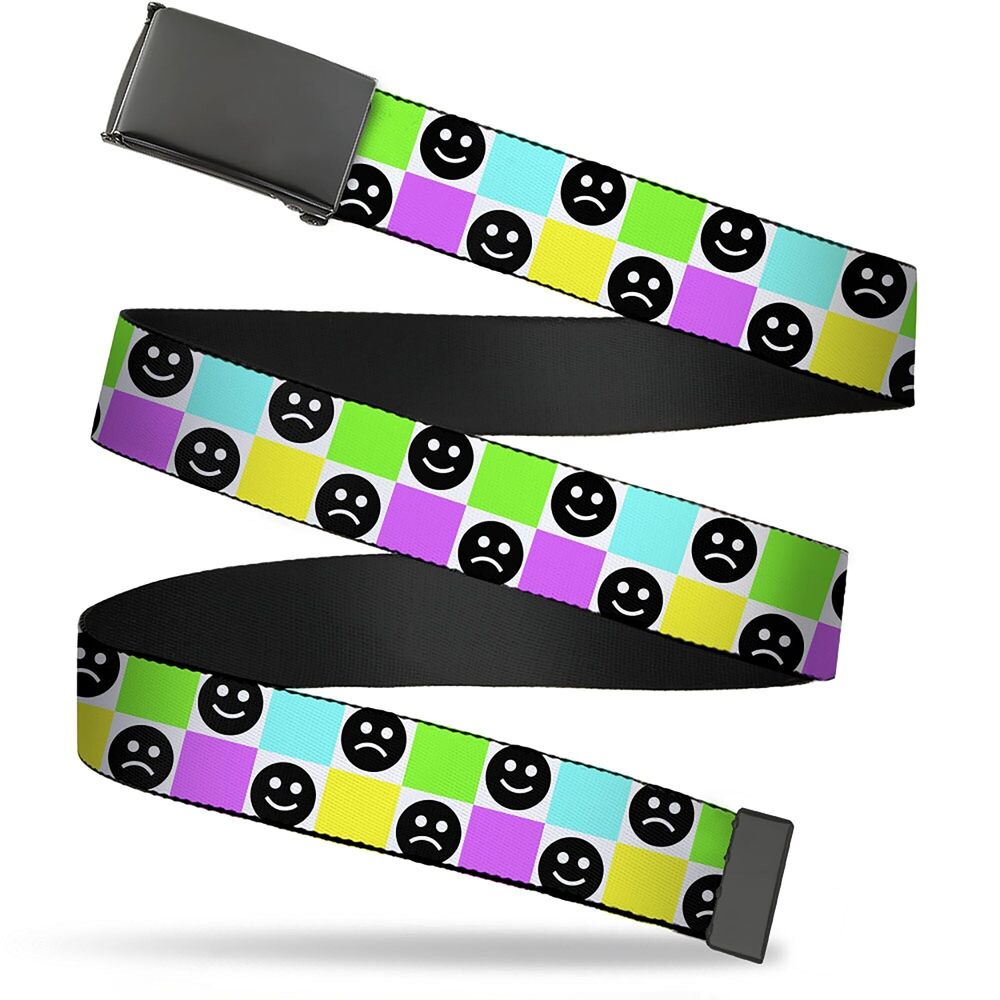 1931 Web Belt Blank Black Buckle - Smiley Sad Face Checker Multi